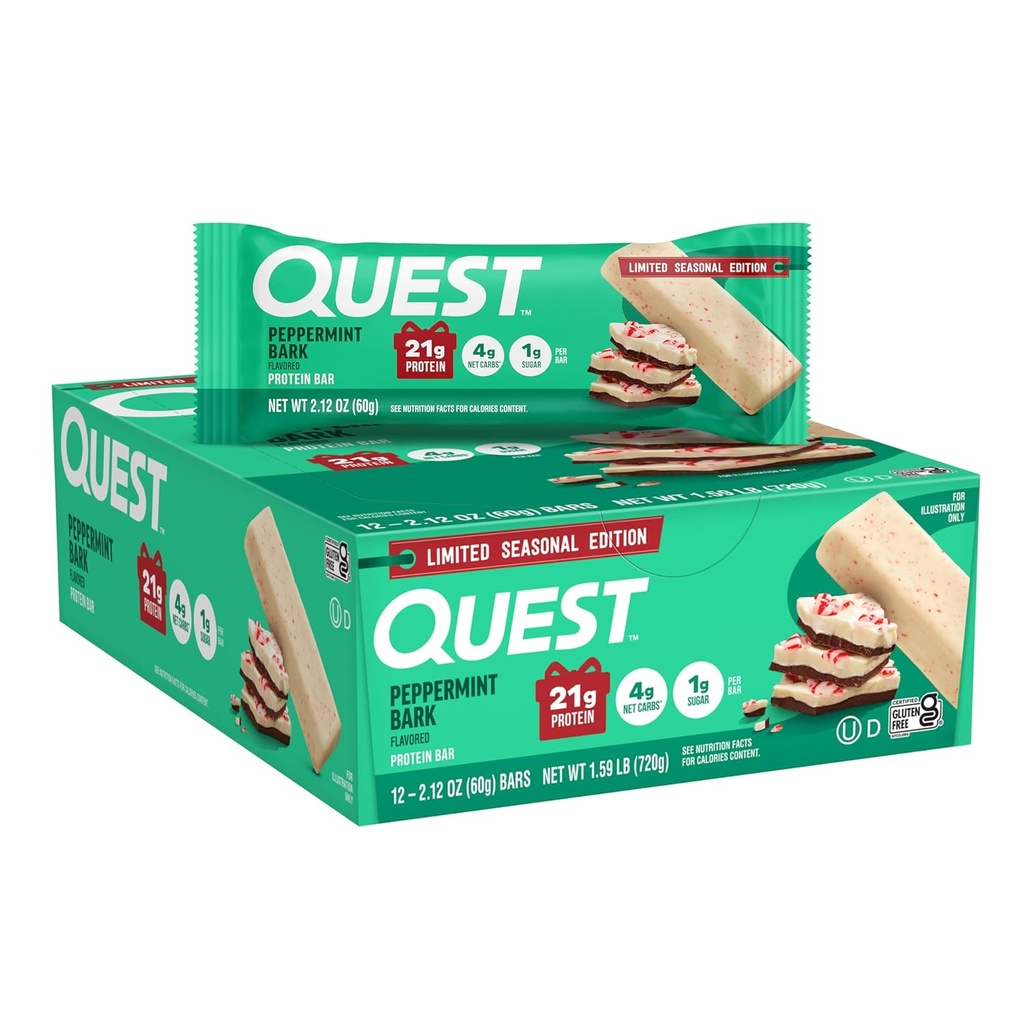 Quest Nutrition Peppermint Bark Protein Bar, 21g Protein, 4g Net Carb, 1g Cukor, bez lepku, 12 Počet