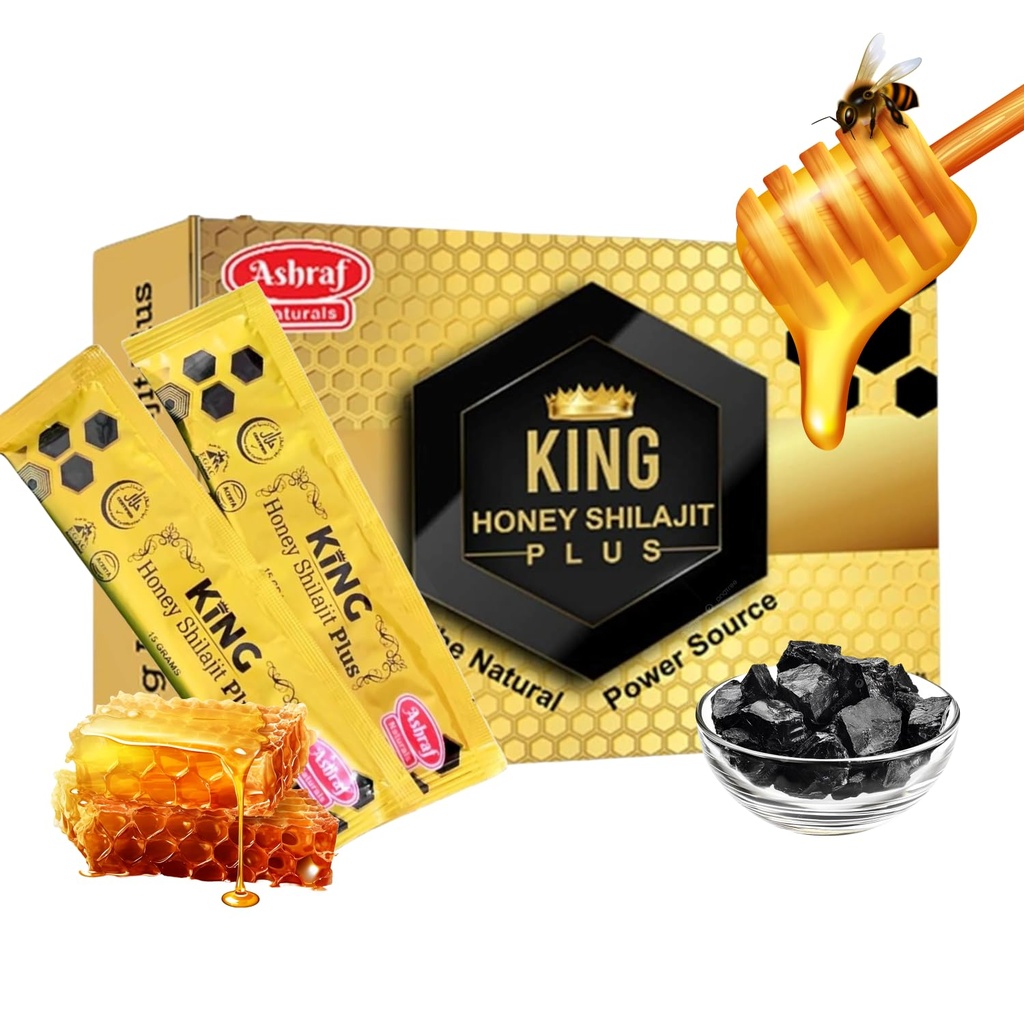 Ašraf Naturals King Honey Shilajit Plus - Premium Honey & Himalayan Shilajit Blend s bylinnými extraktmi, prírodná energia a podpora vitality,15 Vrecká x 15g