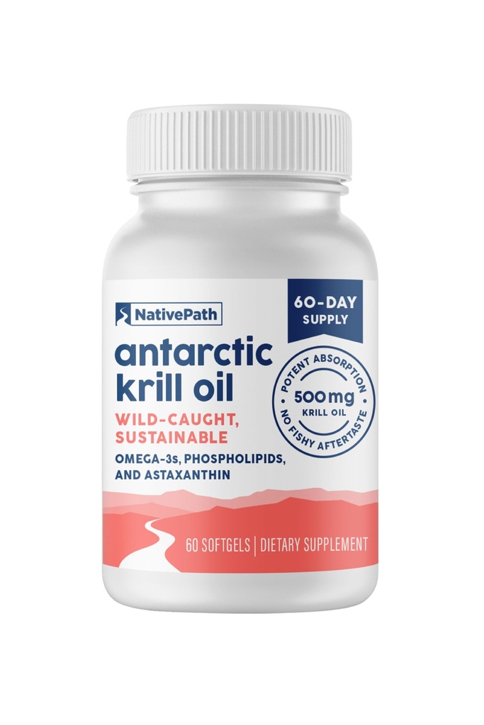 NativePath Antarktída Krill Oil - Wild-Caught Omega 3 Krill Oil 500mg Softgels with EPA, DHA and Astaxantin - Supplement for Joint, Heart, Brain and Imunity - 60 ct - No Fishy Dochute