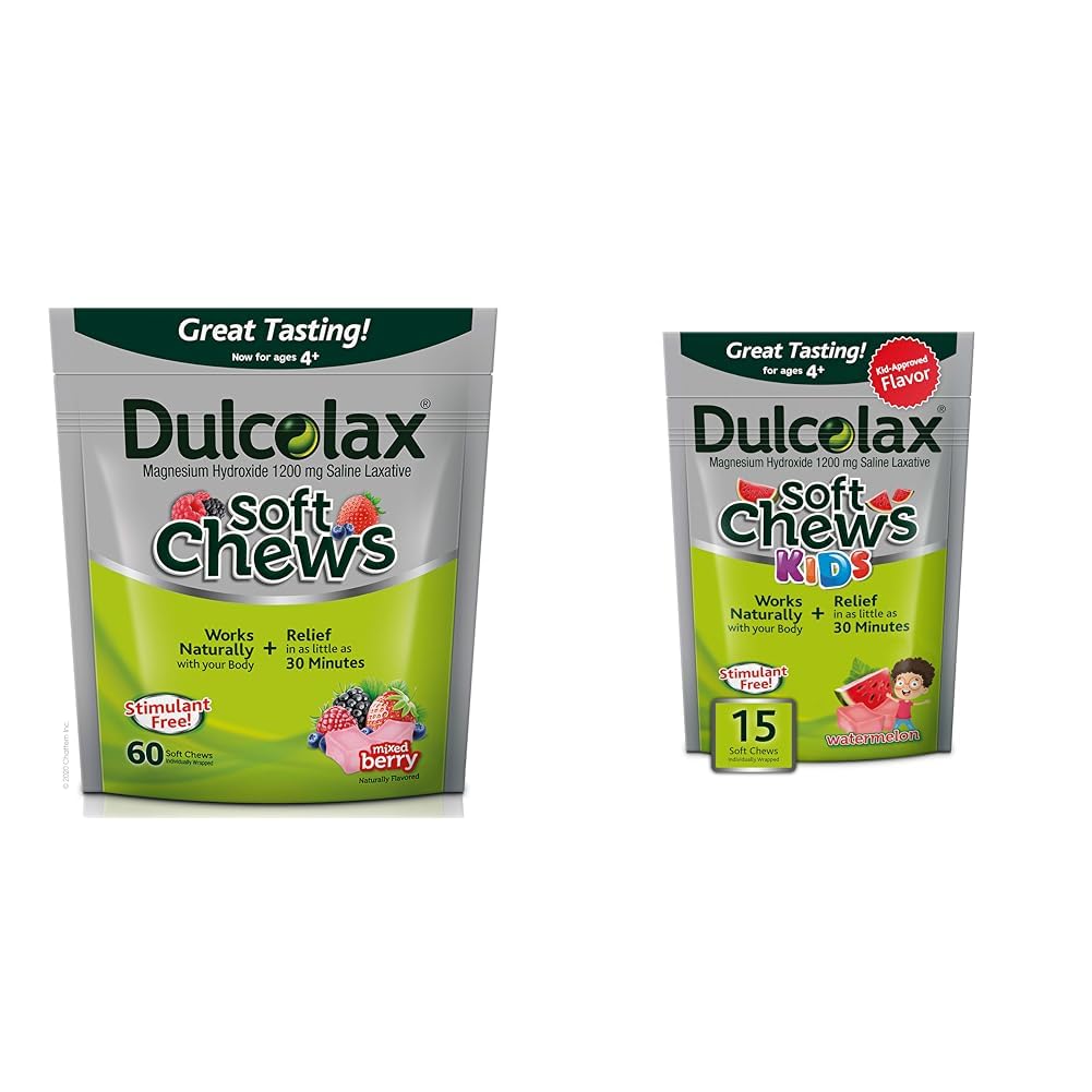Dulcolax Soft Chews Saline Laxative Mixed Berry (60ct) Jemné Zápcha Relief & Deti Soft Chews Saline Laxative Watermelon Jemná Zápcha Relief, Horčík