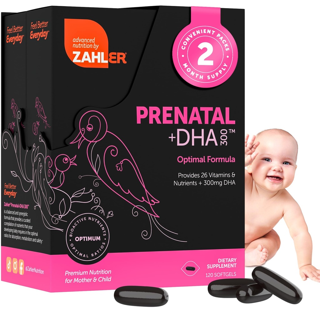 Zahler Prenatal Vitamin with DHA & Folát - DHA Supplements & Prenatal Multivitamín pre matku a dieťa - Kosher prenatálne DHA vitamíny so železom, Pre Natal Softgels (120 g)