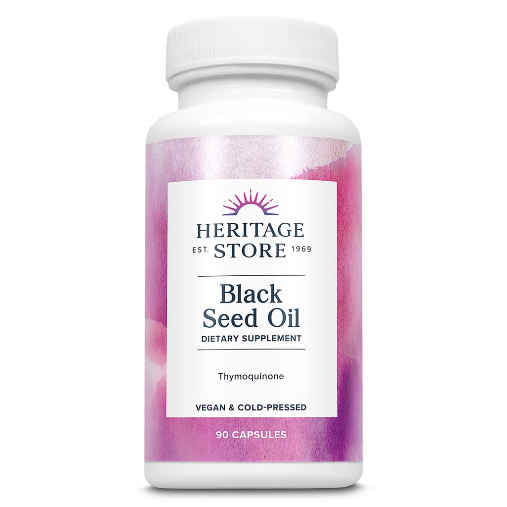 HERITAGE STORE Black Seed Oil Tekuté kapsuly 650 mg, Nigella Sativa Oil Supplement with Thymochinón, Omega 3 6 9, Antioxidant, Cholesterol, Digestive, Joint & Immune Support*, Vegan, 45 Serv, 90ct