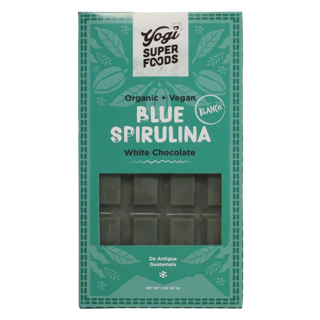 Yogi Super Foods Vegan White Chocolate Blue Spirulina Bar, Healthy & Organic for Energy Boost z Raw Cacao Butter, Gluten Free Oats, Sladené s Panela Cukor, Macadamia Orechy - 1 Bar