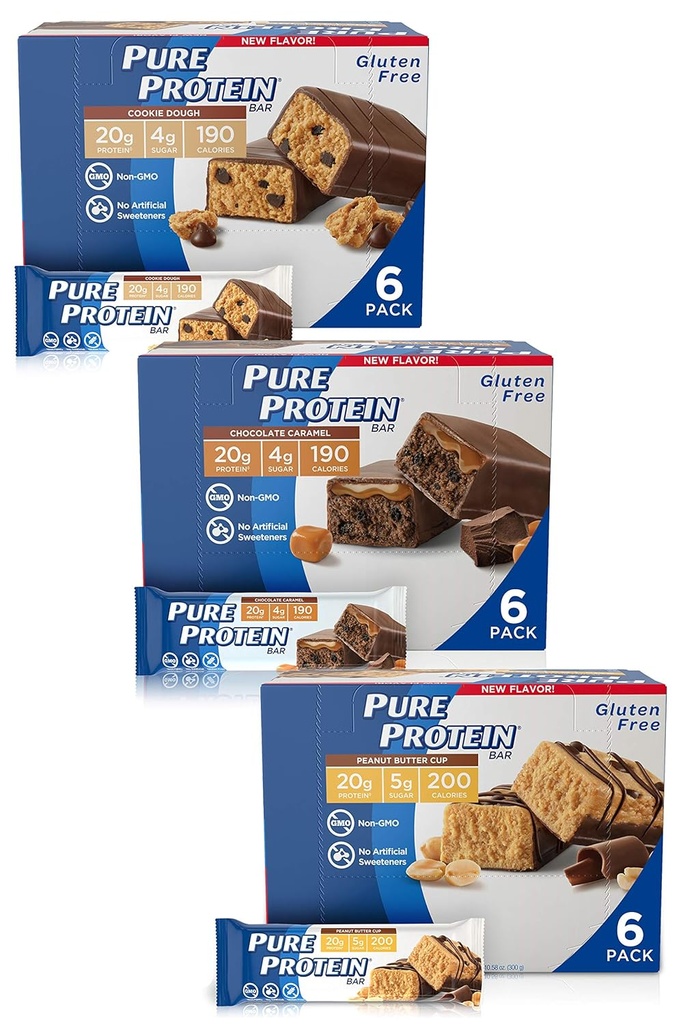 Pure Protein Bars, High Protein, Nutritious Snacks to Support Energy, Low Cukor, Gluten Free, Guilt Free Variety Pack (Cookie Dough/Choc Caramel/Peanut Butter Cup), 1,76 oz, Balenie 18