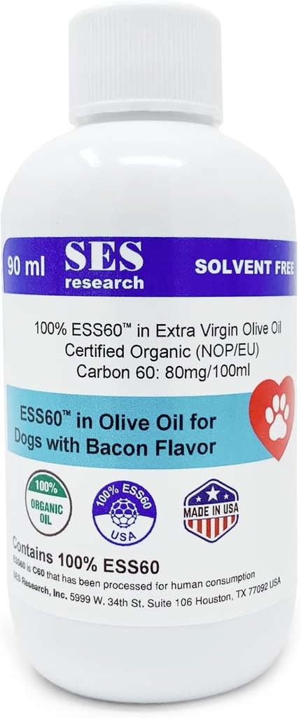 SES Research C60 pre psy v organickom extra panenskom olivovom oleji - Domáce zvieratá Bacon Ochutené Antioxidant Supplement - Solvent Free - Imunity Booster - Boosts Energy & Mood - Focus - 90ML