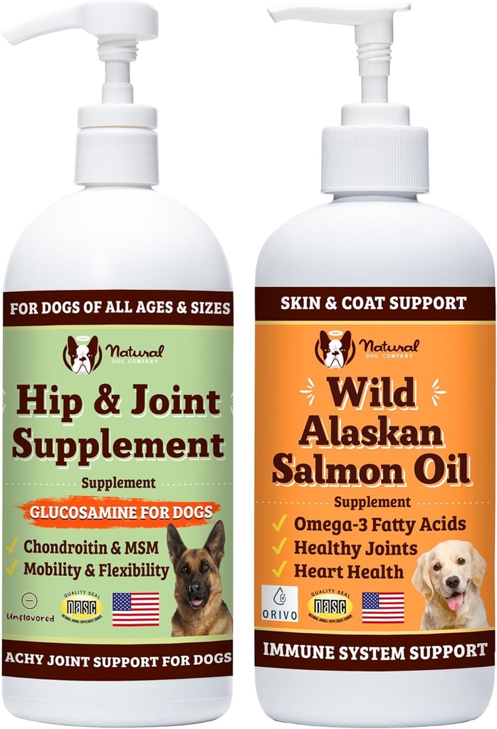 Natural Dog Company 32 oz. Bundle s Wild Aljašský lososí olej a tekutý glukozamín pre psy, Rybí olej doplnok, Joint a Hip podpora