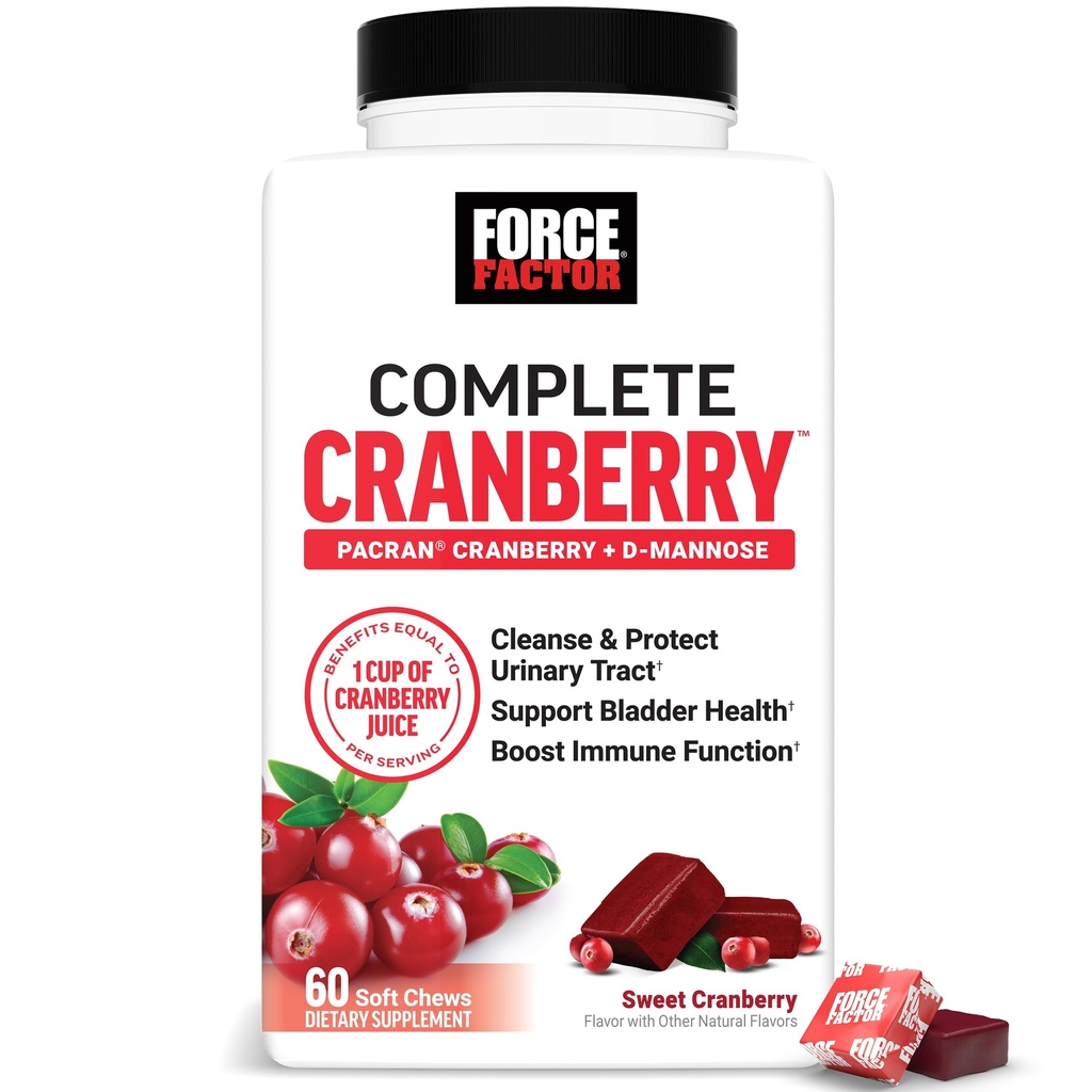 FORCE FACTOR Cranberry mäkké žuvačky, Cranberry Supplement with D Mannose and Cranberry Extract to Support Bladder and Urinary Tract Health for Women, Vegan, Sweet Cranberry Flavor, 60 Soft Chews