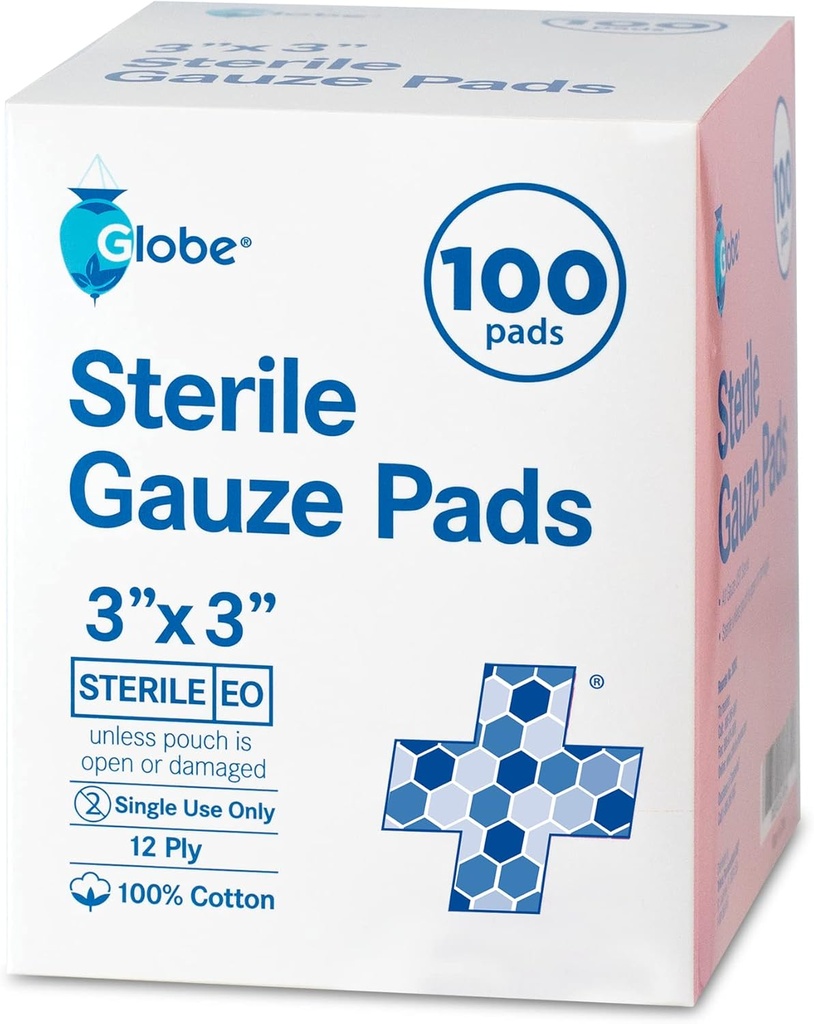 Globe 3'' x 3' Advanced Sterilné Gauze Pads, 100-Pack individuálne balené - 12-Ply Cotton pre starostlivosť o rany šaty, Highly Absorbent Bandáže pre domáce & núdzové použitie - Cestovanie & prvej pomoci Kit zásadný