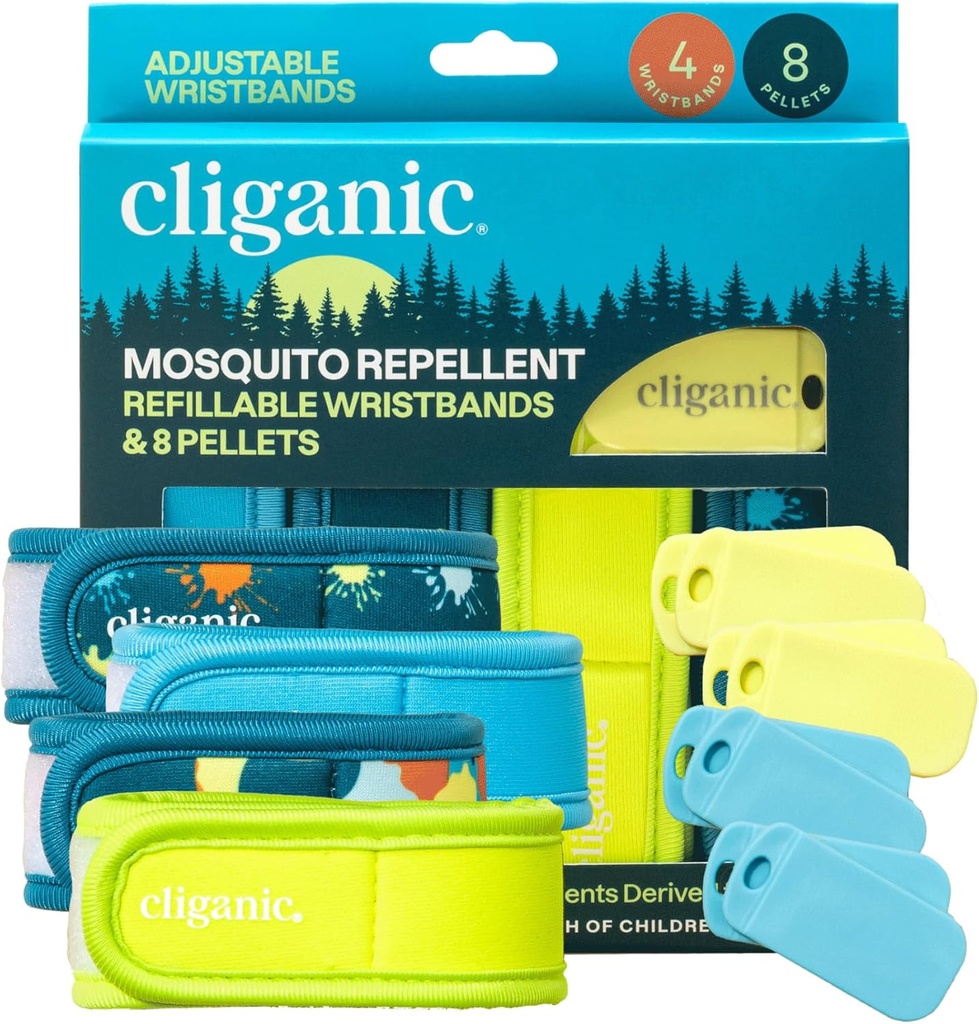Cliganic Mosquito Repelentné balenie (4 pruhy + 8 znovu naplniť pelety) - nastaviteľné, prírodné DEET-free, Essential Oil Infundované