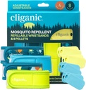 Cliganic Mosquito Repelentné balenie (4 pruhy + 8 znovu naplniť pelety) - nastaviteľné, prírodné DEET-free, Essential Oil Infundované