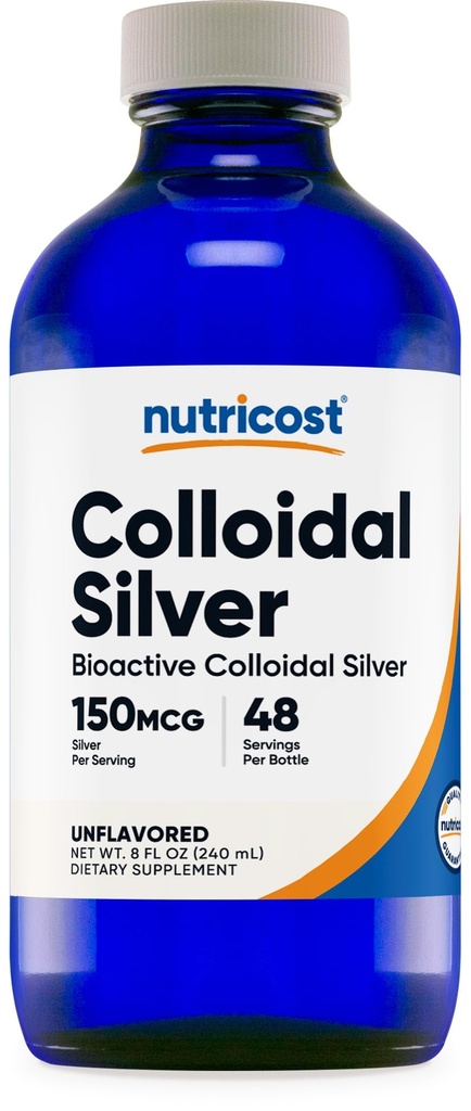 Nutricost Koloidné striebro 8oz - Kobaltové modré sklenené fľaše, bio-Aktívne koloidné striebro