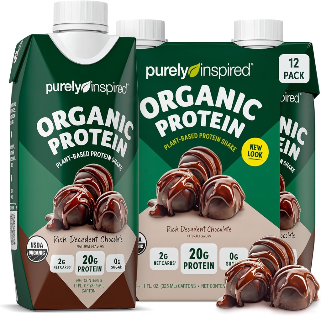 Čisto inšpirovaný Pripravený piť organický proteín Shake, dekadentná čokoláda (12 balenia) - Rastlinné-založené RTD Výživové proteínové nápoje - Zero-Cukor a bez lepku Náhradný nápoj na jedlo Tekutý proteín