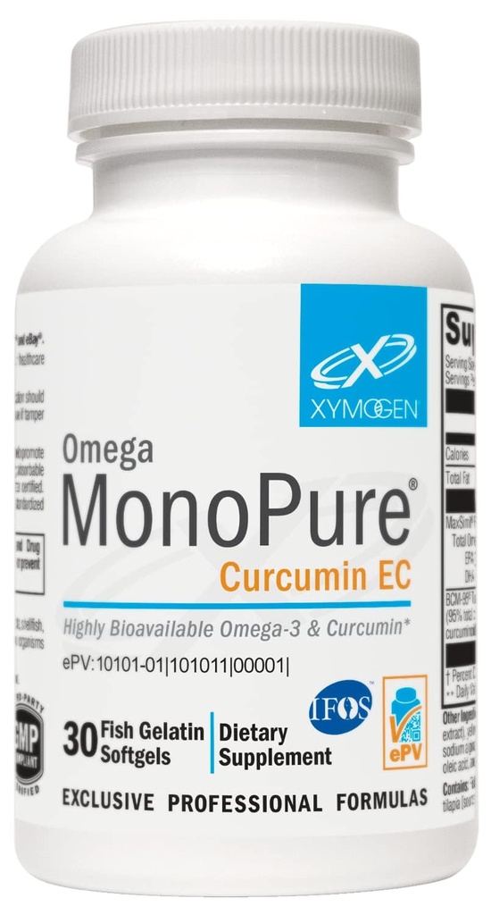 XYMOGEN Omega MonoPure Curcumin EC - Rybí olej s vylepšenou DHA EPA Absorpcia + Turmerica extrakt - Omega-3 doplnok pre Cytokine Balance Support (30 Softgels)