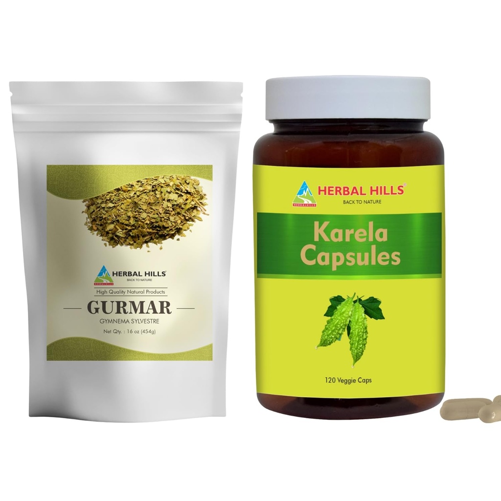 HERBAL HILLS Gurmar Prášok na čaj a Karela Kapsule Balenie po 2 Combo