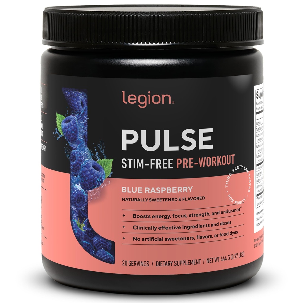 LEGION Pulse pred tréningom doplnok - Všetky prírodné oxidu dusnatého preworkout nápoj na zvýšenie energie, Kreatín zadarmo, prirodzene sladené, Beta alanín, Citrulín, Alpha GPC (Caffeine Free Blue Razz)