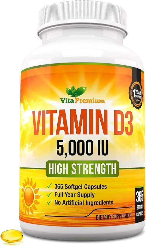 Vitamín D3 5000 IU, 365 Jednoduché prehltnutie softgelov, vysoká sila Vitamín D 5000 IU doplnok - celoročné zásobovanie