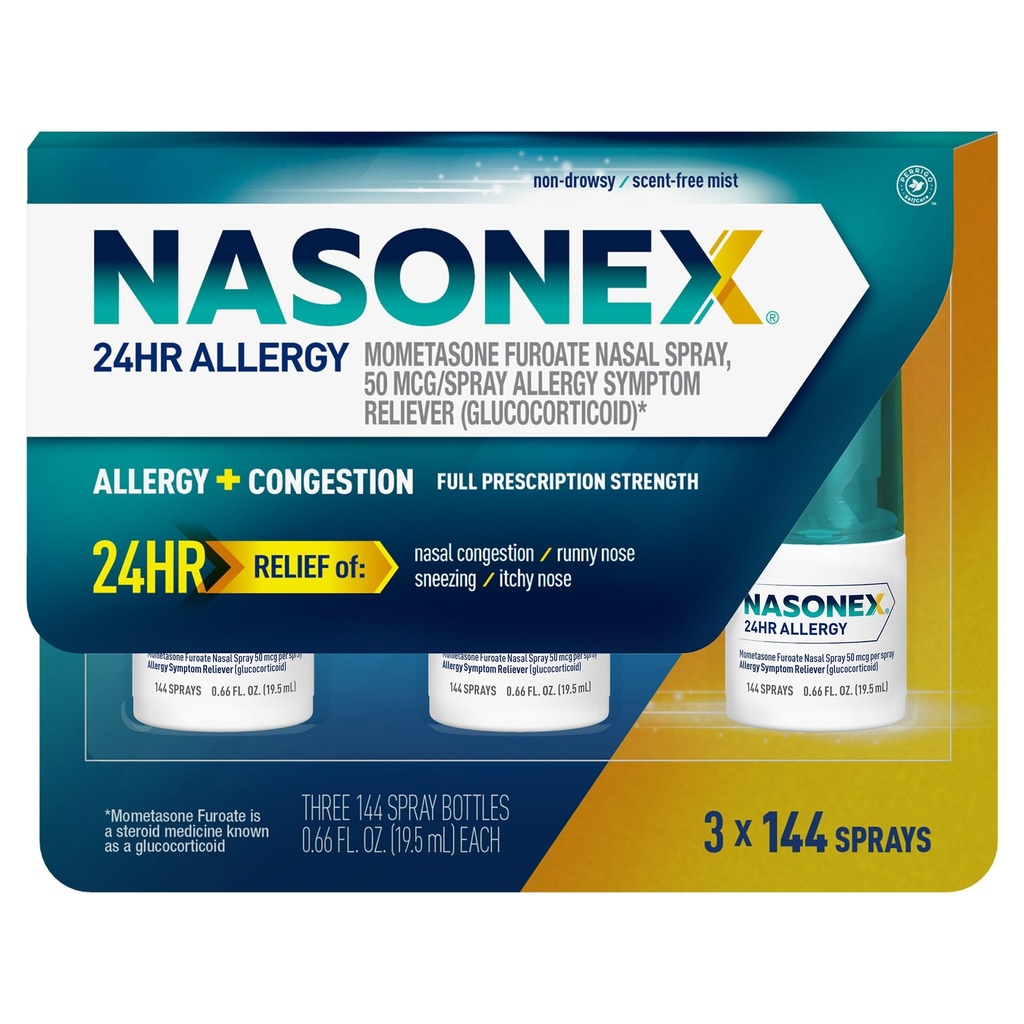 Nasonex 24HR Alergický nosový sprej, non-Drowsy, Scent-Free Mist,Allergy symptómy + nosové kongescie, plná sila predpisu, 120 sprejov (3 balenia)