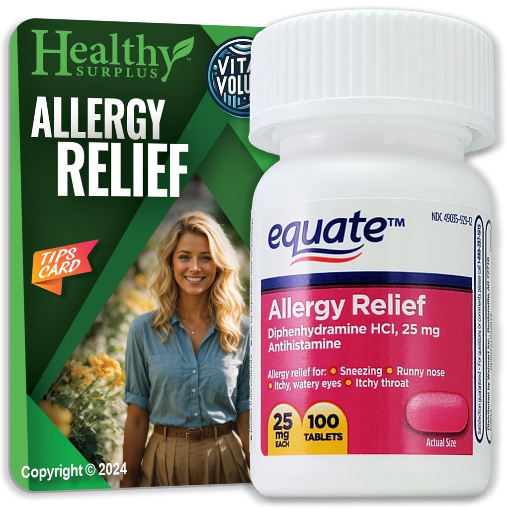 Zdravý prebytok ® Vital Volumes Tipy Karta & Equate Alergie Relief Difenhydramín HCL, 25 mg 100 tabliet Bundle