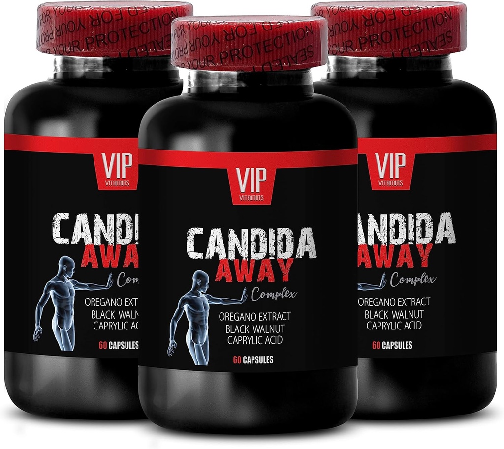 extrakt z čiernych vlašských orechov, komplex črevnej flóry štandardný proces - CANDIDA AWAY COMPLEX - výťažok z listov aloe vera, kyselina kaprylová, imunitná booster, kapsule oregano oleja organická supersila - 3 viečka Bot 180