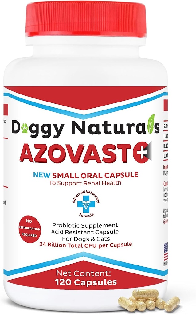 Azovast Plus Doplnok pre zdravie obličiek pre psy a mačky, 120ct - Nevyžaduje sa chladnička - Pomocník Podpora Funkcia obličiek a Manažovanie obličkových toxínov - Doplnková liečba obličiek Kapsula (U.S.A) (120 Caps)