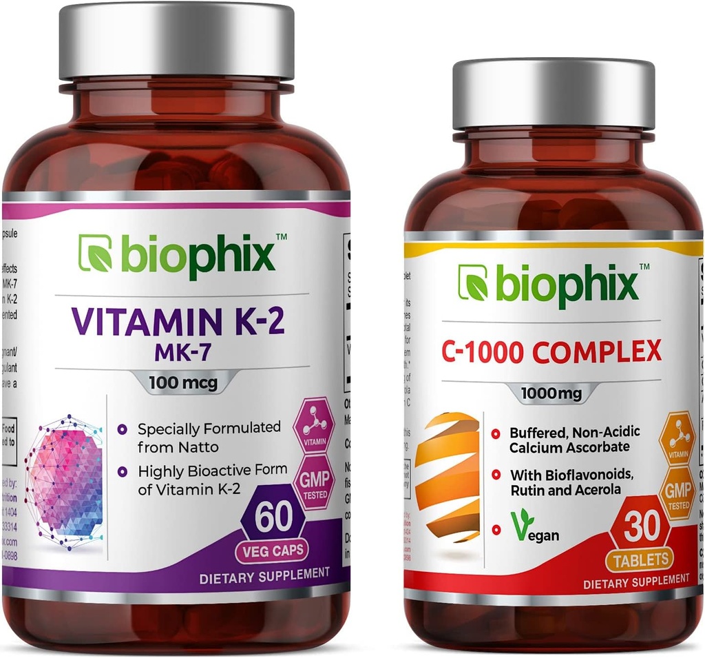 biofilx Vitamín K2 MK-7-100 mcg 60 - Voľný vitamín C-1000 30 Tablety - podporuje silné kosti Imunitné zdravie