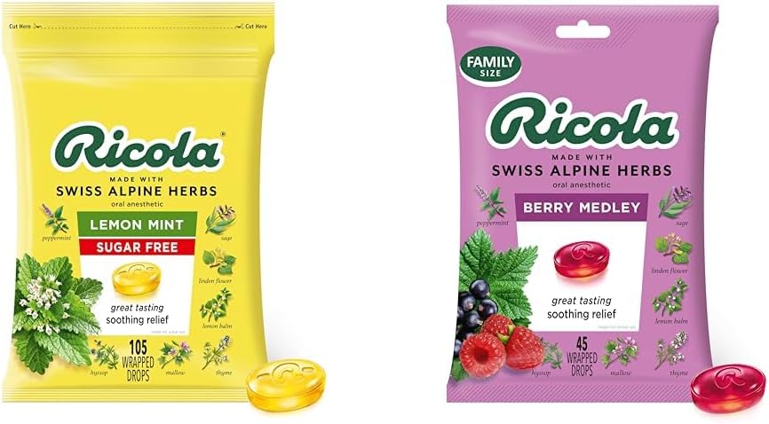 Bez cukru Ricola 105ct Citrónová mincovňa & 45ct Berry Medley Hrdlo kvapky Bundle