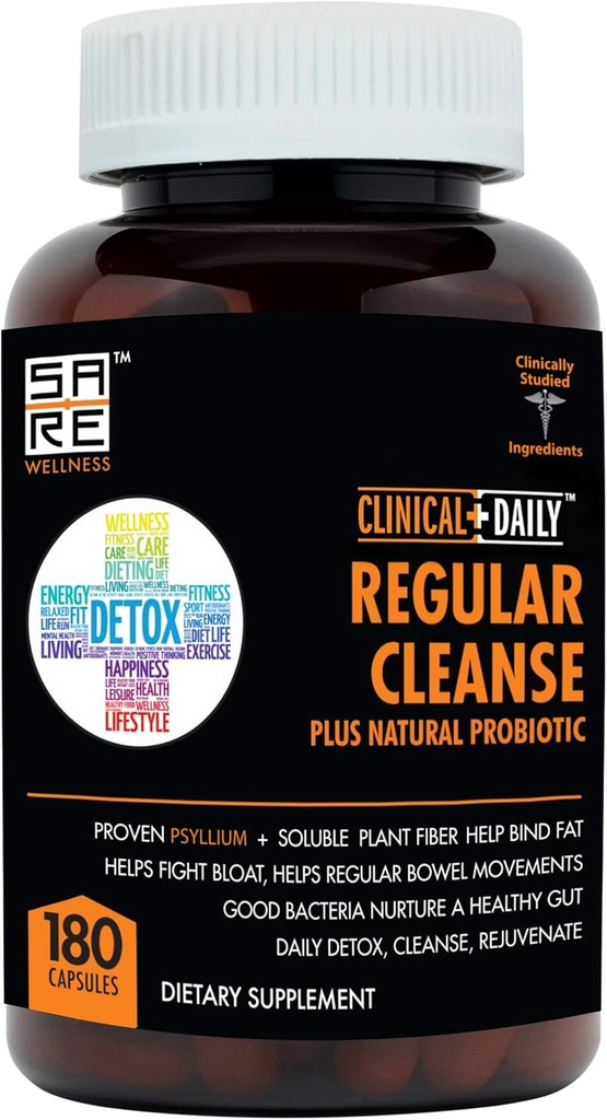 Clinical Daily regular Cleanse Plus Natural Probiotic - Colon Cleans & Gut Detox Supplement - Assists with Energy and Cconbase Relief - Herbal Dietary Fiber Psyllium Husk Capsules - 180 Count