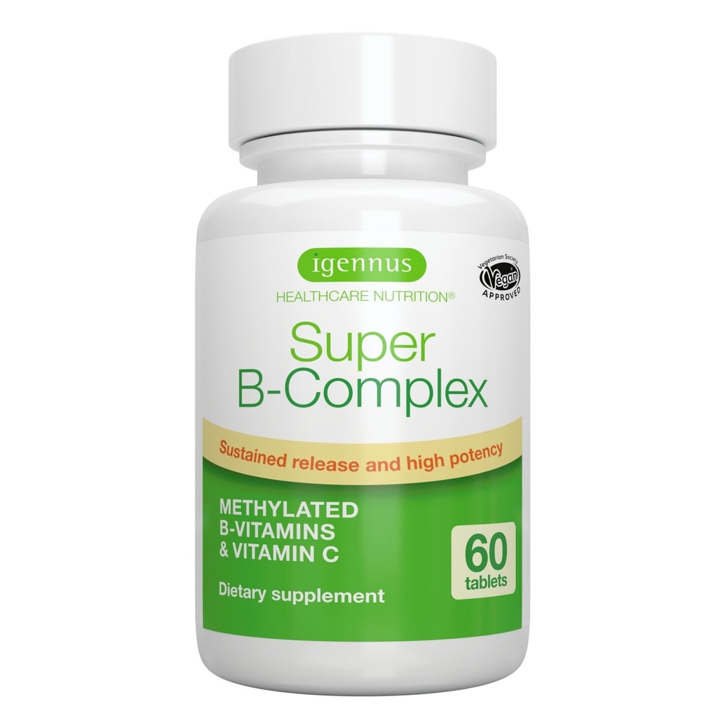 Igennus Super B- Complex Metylated B Vitamíny - trvalé uvoľňovanie, čisté označenie a vysoká absorpcia, s 5- MTHF Folát a metyl B12, Energia, Mood & Cognitive Performance, Lab Overené, 60 malých tabliet
