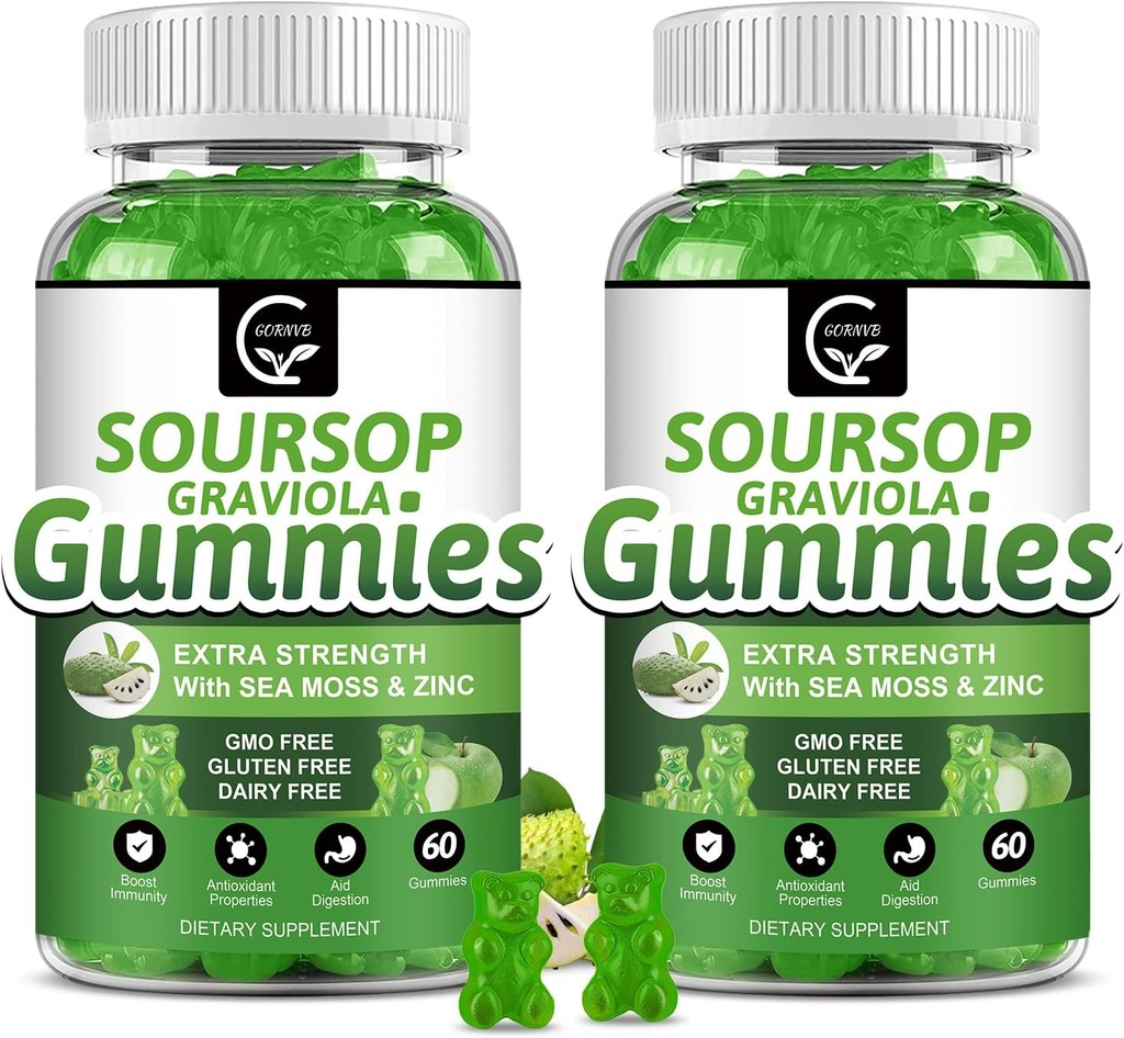 (2 balenia) Soursop Graviola Gummies - 2200mg Extra sila Soursop Leaves Extract w/Sea Moss Extract 200mg, Zinok a vitamín C - podporuje imunitu, pečeň a trávenie, bezlepok, Vegan, 120 Gummies