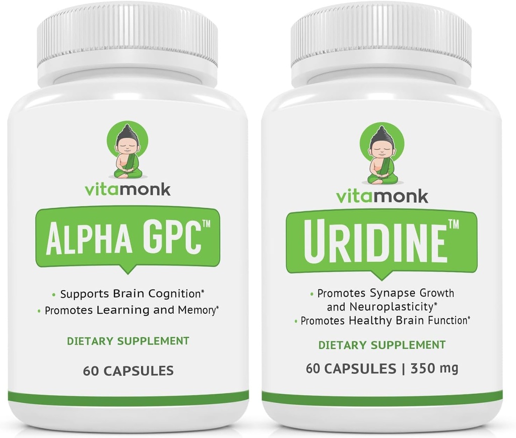 VitaMonk Alpha GPC a Uridine Stack - pán Happy Stack - Uridine Monofosfát bez umelých výplne - Biodostupné Choline Doplnky Podporovať kognitívne, Focus, Mental Clarity