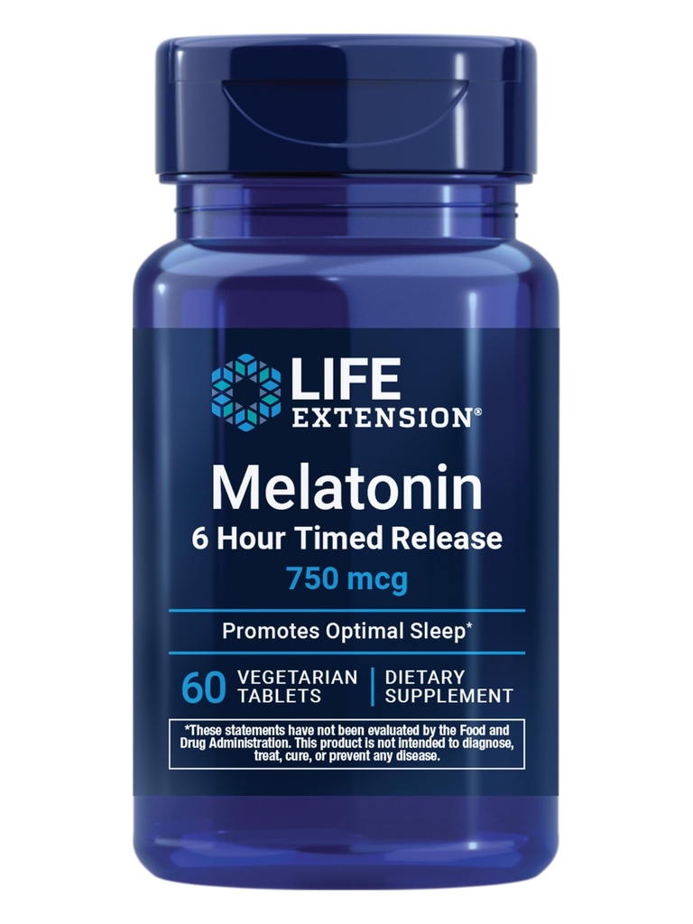Life Extension Melatonin 6 Hour Timed Release, 750 mcg, Extended-Release Formula pre nežný spánok Podpora, Zdravé circadian Rhythms, Cellular Defense, Gluten-free, non-GMO, Vegetarián, 60 tabliet