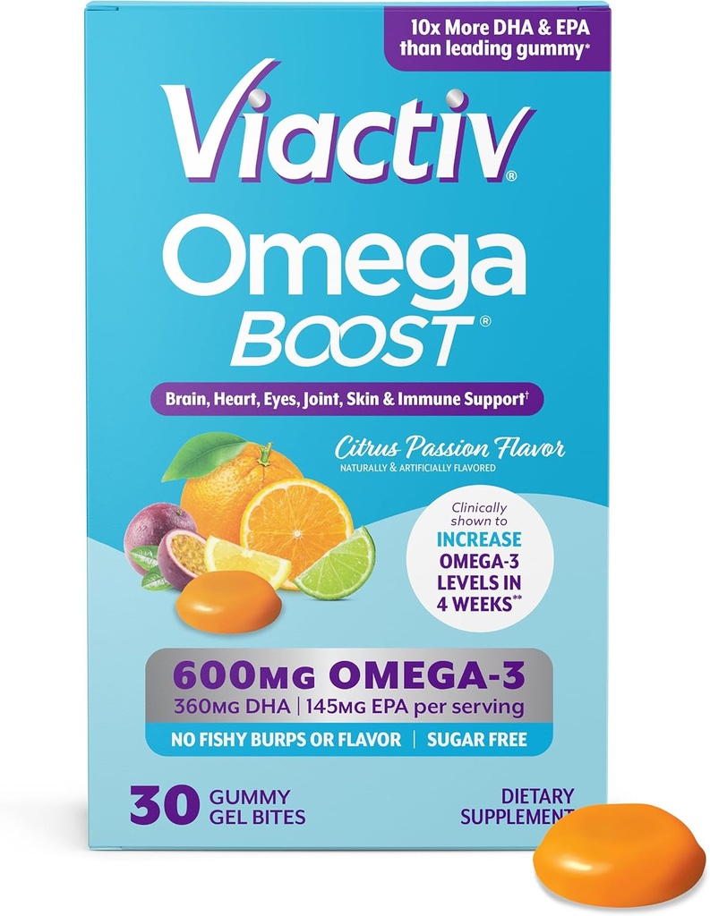 Viactiv Omega 3 Rybí olej Gumies. EPA DHA doplnok pre zdravie srdca a mozgu, 30 bez cukru Gumové vitamíny, 1 ks