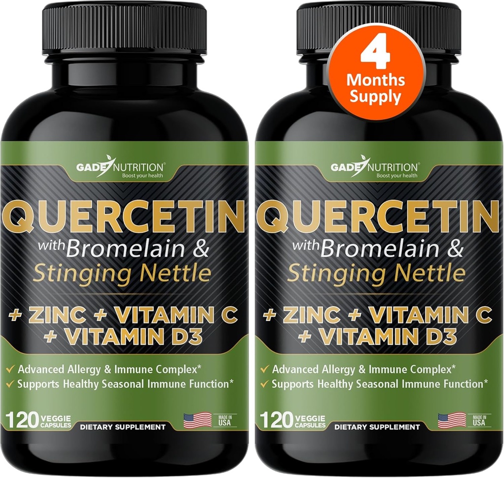 Gade Nutrition Quercetin s vitamínom C a zinkom - Nettle Quercetin - Quercetin 500 mg - Quercetin s hypromínom - zinok Quercetin + vitamín D3-240 Veggie Caps - non-GMO - 4 mesiace dodávky
