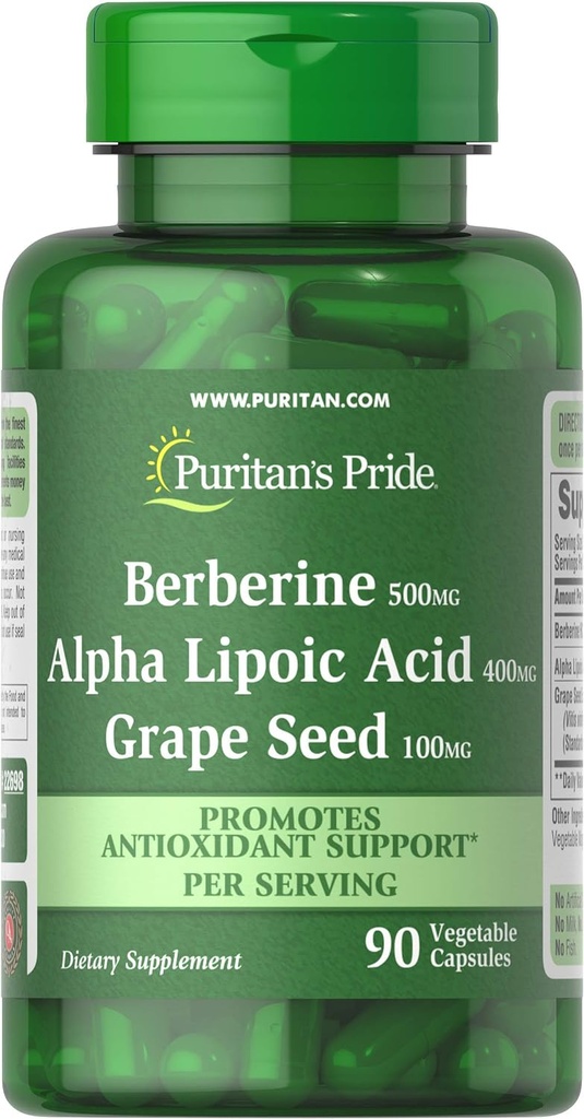 Puritan's Pride Berberine, Alpha Lipoic Acid & Grape Seed, podporuje antioxidačnú podporu, 90 Rastlinné kapsuly