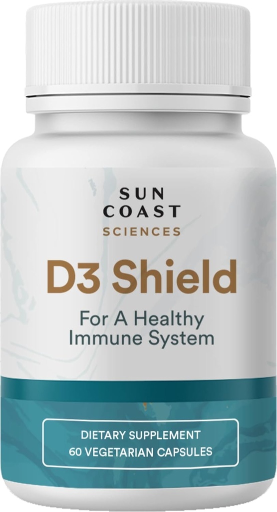 Sun Coast Science Science Sciences D3 Shield - Vitamín D3 5000 IU pre Immune Support and Bone Health 60 Vegetariánske kapsuly K2 s 180 mg uhličitanu vápenatého Maximálna absorpcia