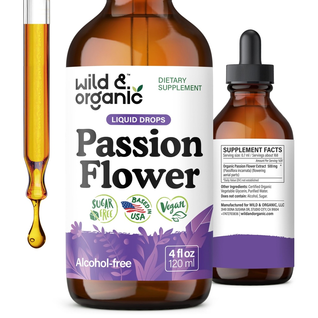 Wild & Organic Passion Flower Tinture - Mood Support - Ukľudňujúce Passionflower Supplement - Passiflora Incarnata Liquid Extract - Vegan, Cukor a bez alkoholu Herb Drops - 4 fl oz