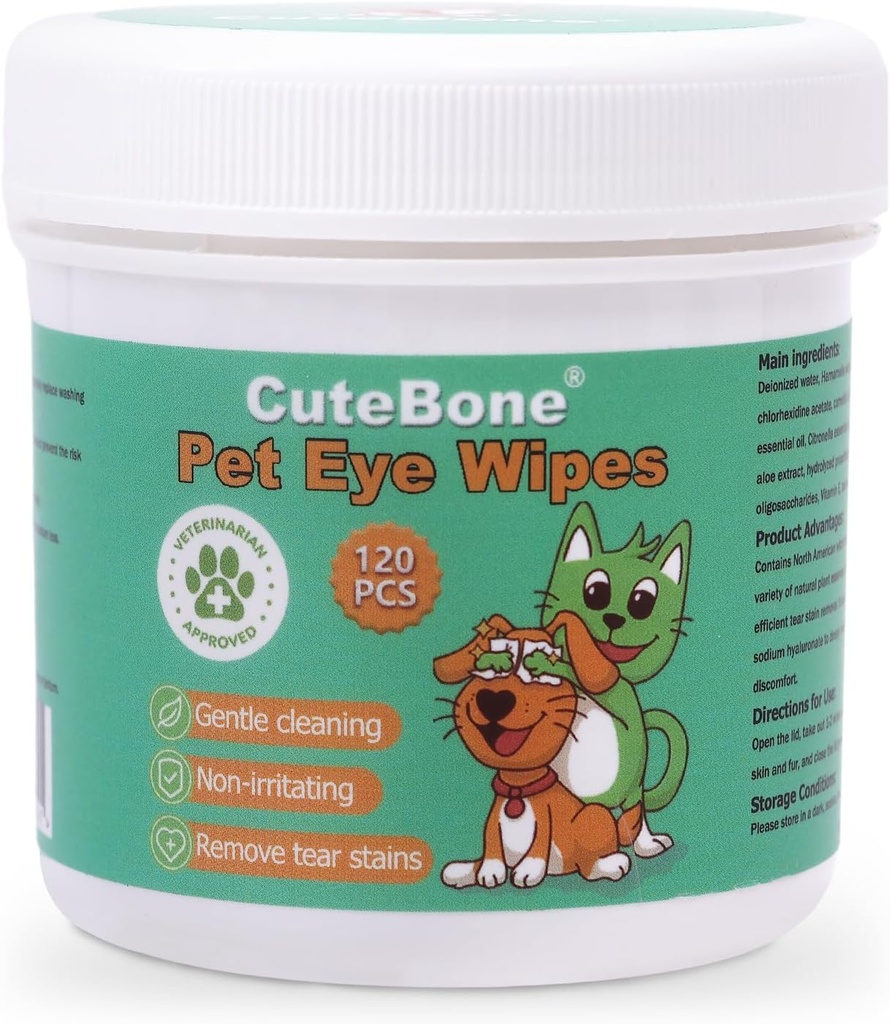 CuteBone Pet Očné utierky 120 Gróf - Jemné a upokojujúce oči Čistiace utierky pre psov a mačky, odstraňuje špina, Tear Stains, a Debris, zabraňuje očné infekcie, prírodné zložky, bezpečné a jednoduché použitie