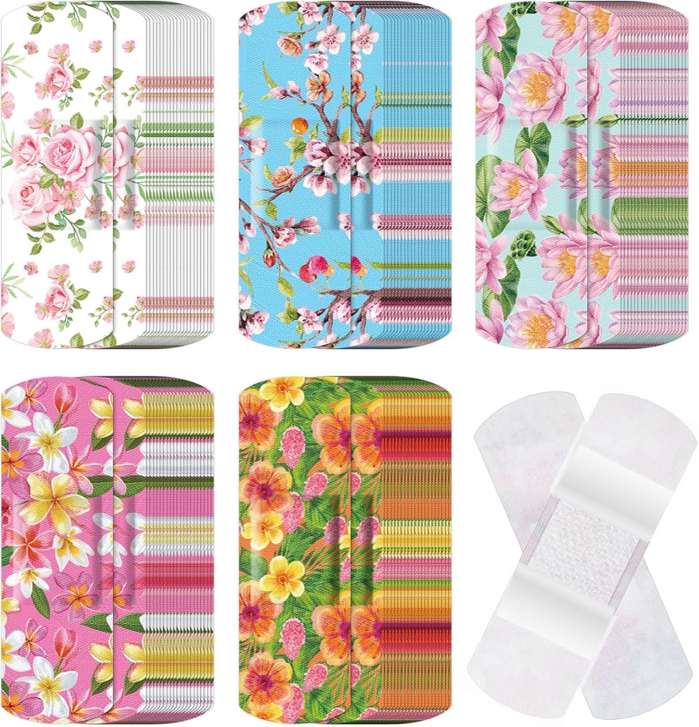 120 ks Textílie adhezíva Flexibilné pásy hromadne rozmanité tvary a vzory malé farebné pretty tkaniny pásy s Non Stick Pad 3 x 1 palec pre rezy rany mraky ženy [Floral]