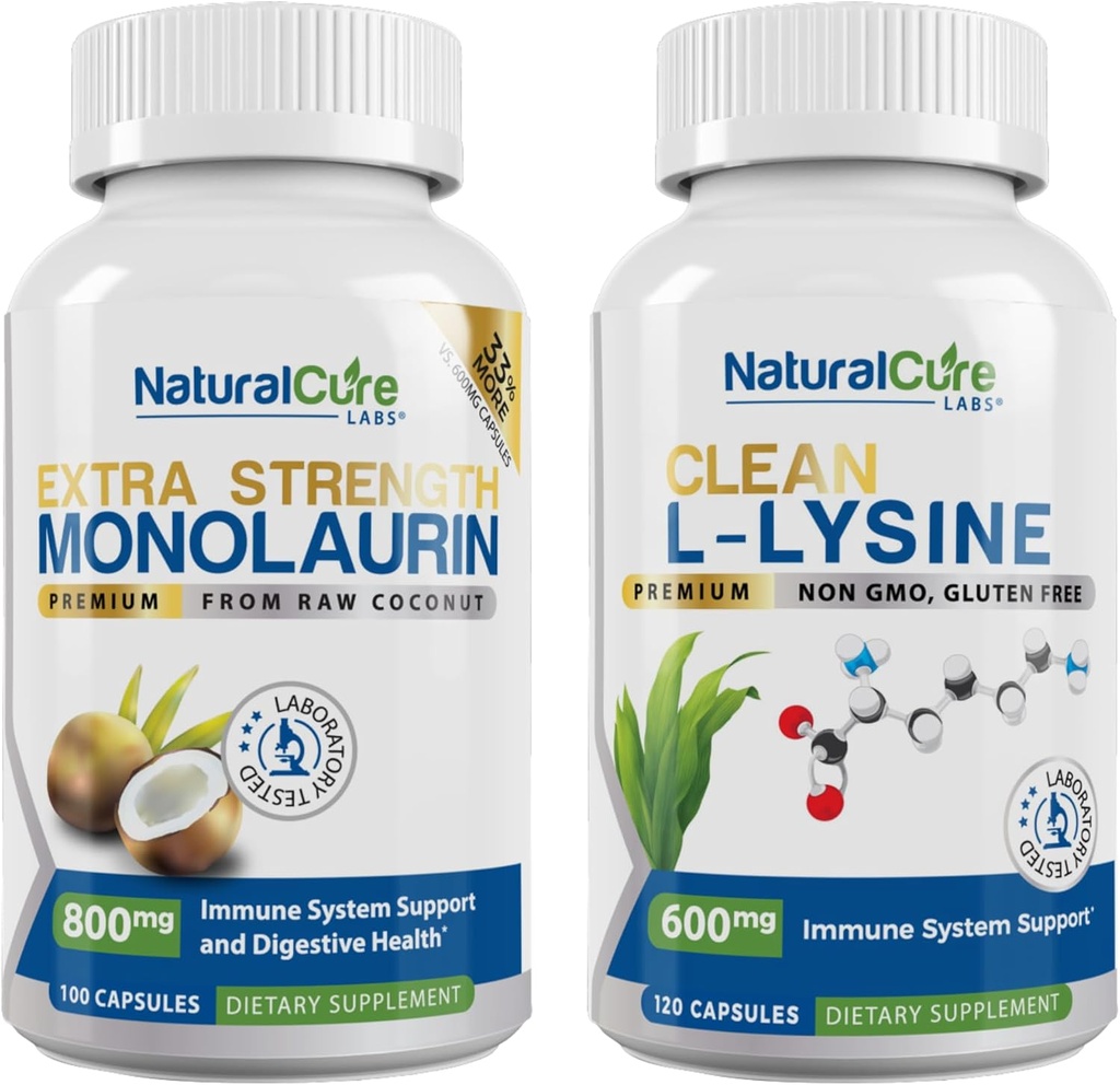 Natural Cure Labs Bundle: Extra sila Monolaurin 800mg + Čistá L-lyzín 600mg