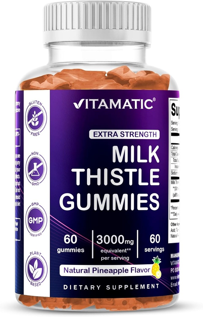 Vitamatic Milk Thitle Gummies- 10000 mg Equivalent Per Serving (od 50:1 Extract 200 mg) - Liver Detox & Anti Oxidant Health - Min. 80% Silymarin Flavonoidy - 60 Pectin Based Gummies