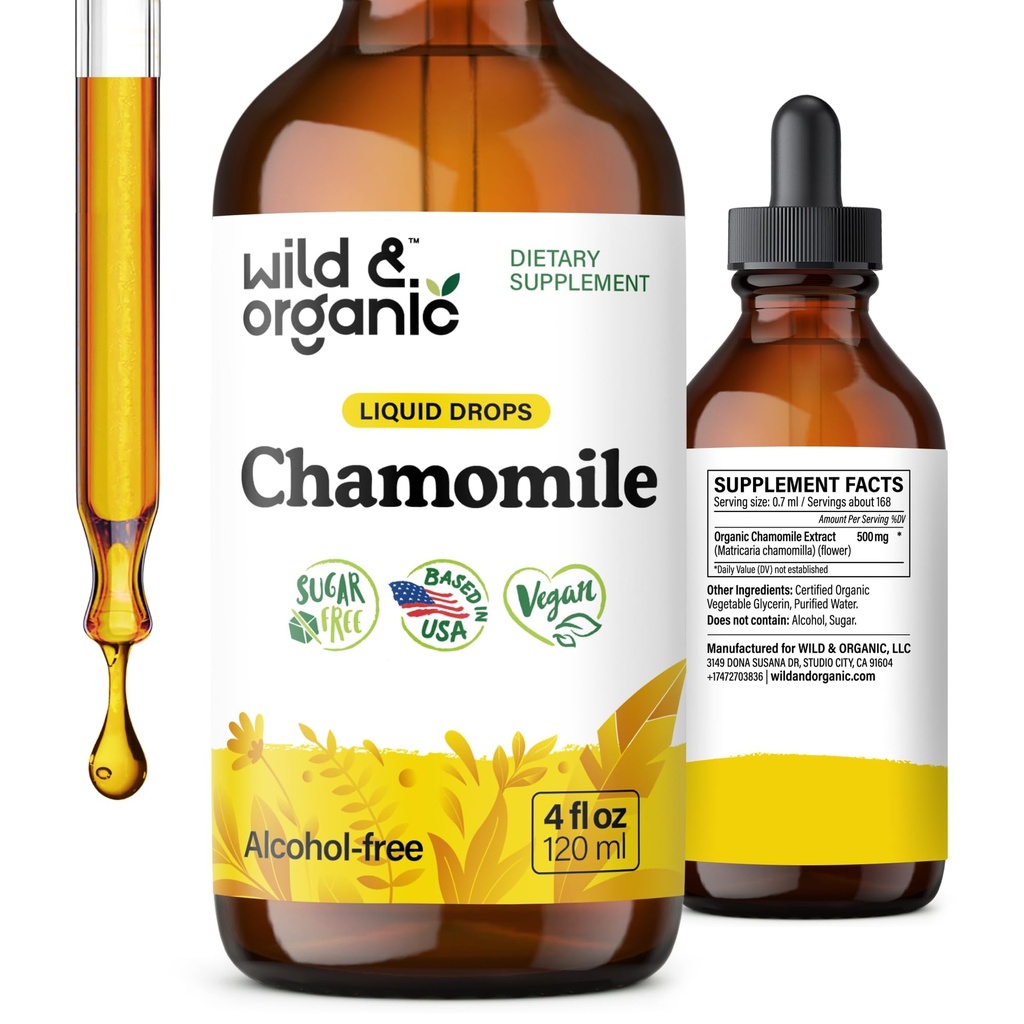 Divoké a organické harmančeky Kvety Tinktúra - Upokojujúce doplnok pre relaxáciu - harmančekový extrakt Tekuté kvapky - Vegan, cukor a alkohol - 4 fl oz