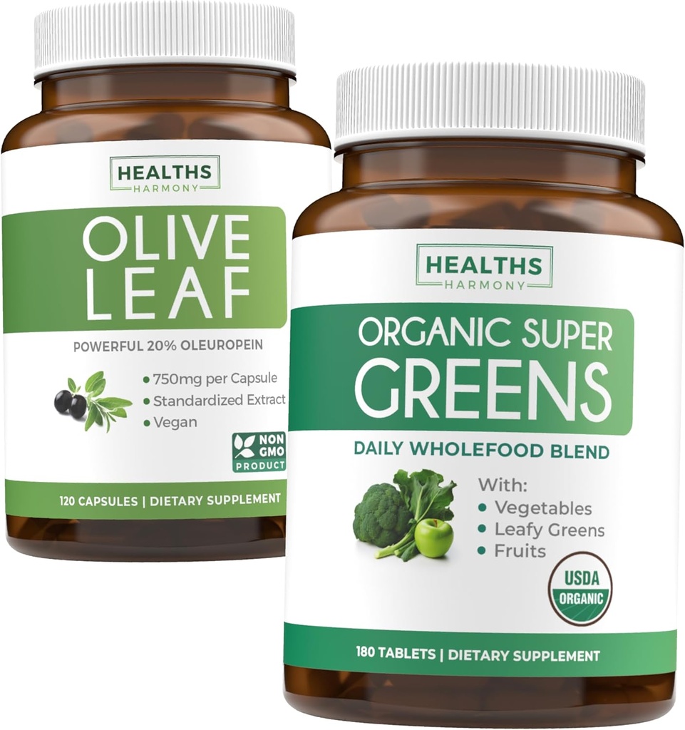 Olive Leaf Extract & Organic Super Greens (4-Month Supply) Pure Plant Power Bundle of Olive Leaf Extract (120 Kapsule) Super Strength & Organic Super Greens (180 Tabets) Organic Superfood