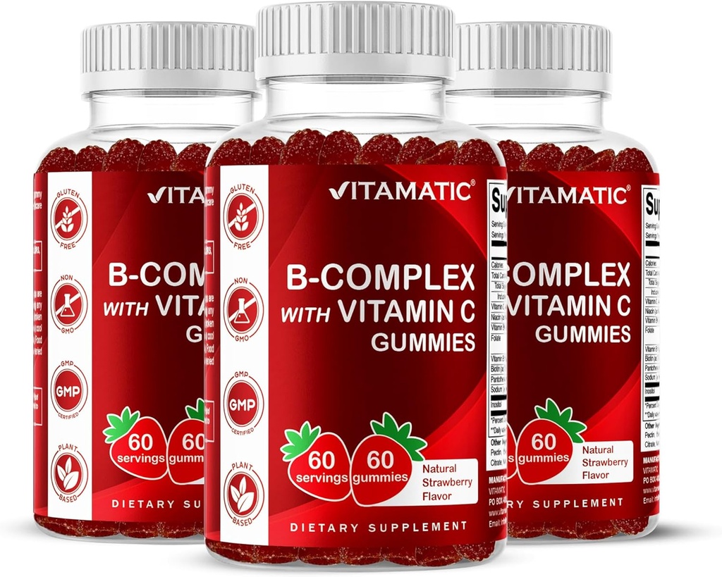 Vitamatický vitamín B komplex Gumies s vitamínom C a inozitol - prírodná jahodová chuť - 60 Gumiem (3 fľaše)