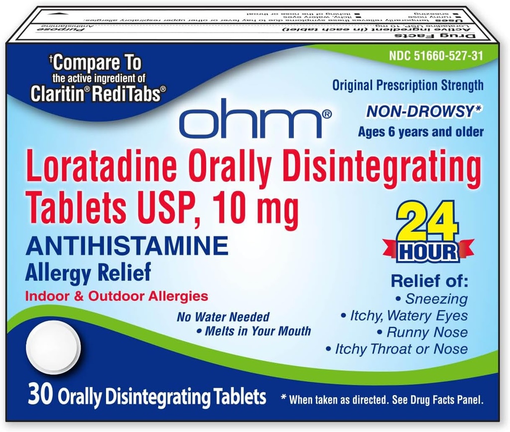 Ohm Loratadine 10 mg Alergická medicína - Non Drowsy Allergy Relief Allergy Allergy, 24 hodín Antihistaminika, Orally Disintegring Tablets, Efektívna úľava, pre vek 6 a up - 30 Počet