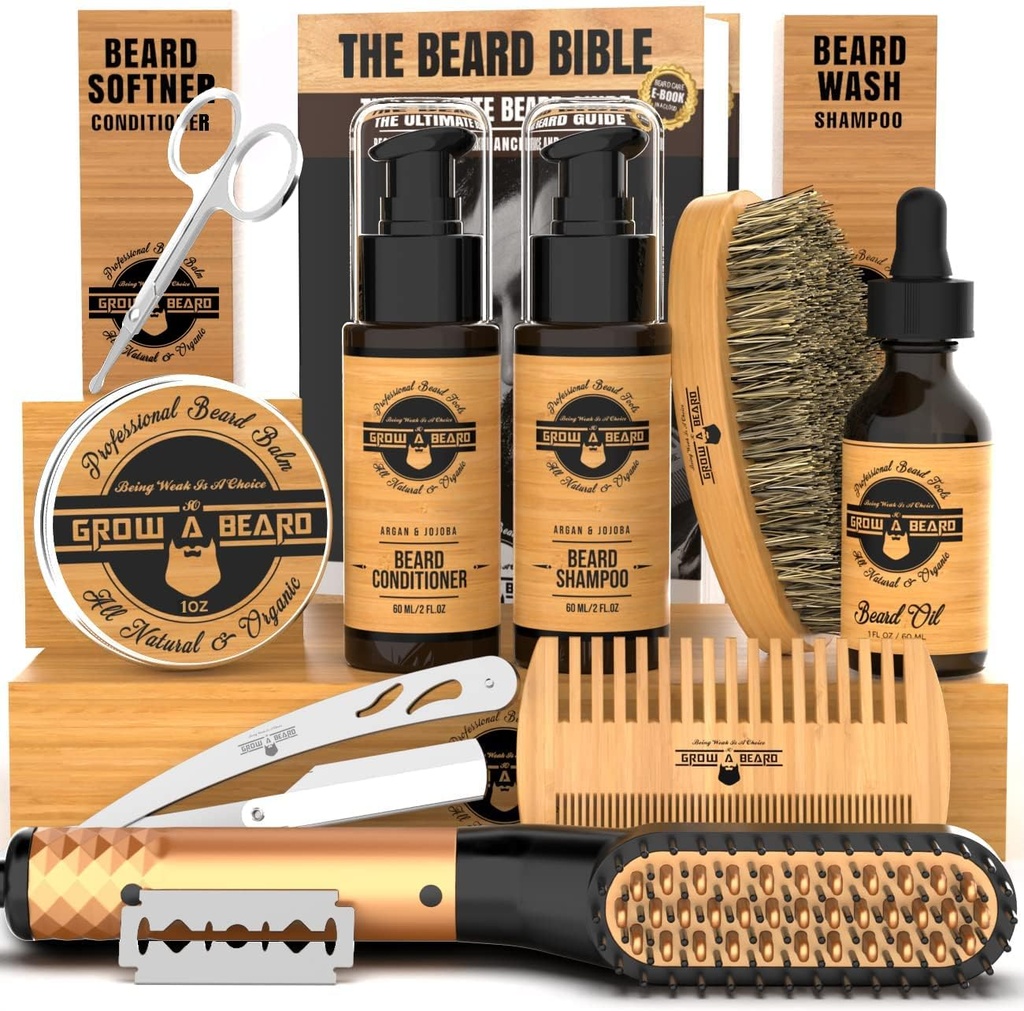 Brada Žehliaca súprava pre mužov, Brada rastová súprava, umývanie, kefka & Comb, Nevoňavý rastový olej, Všetky prírodné Chanel Balm, kondicionér, Razor a nožnice, veľký darček nápad pre mužov (Bamboo)