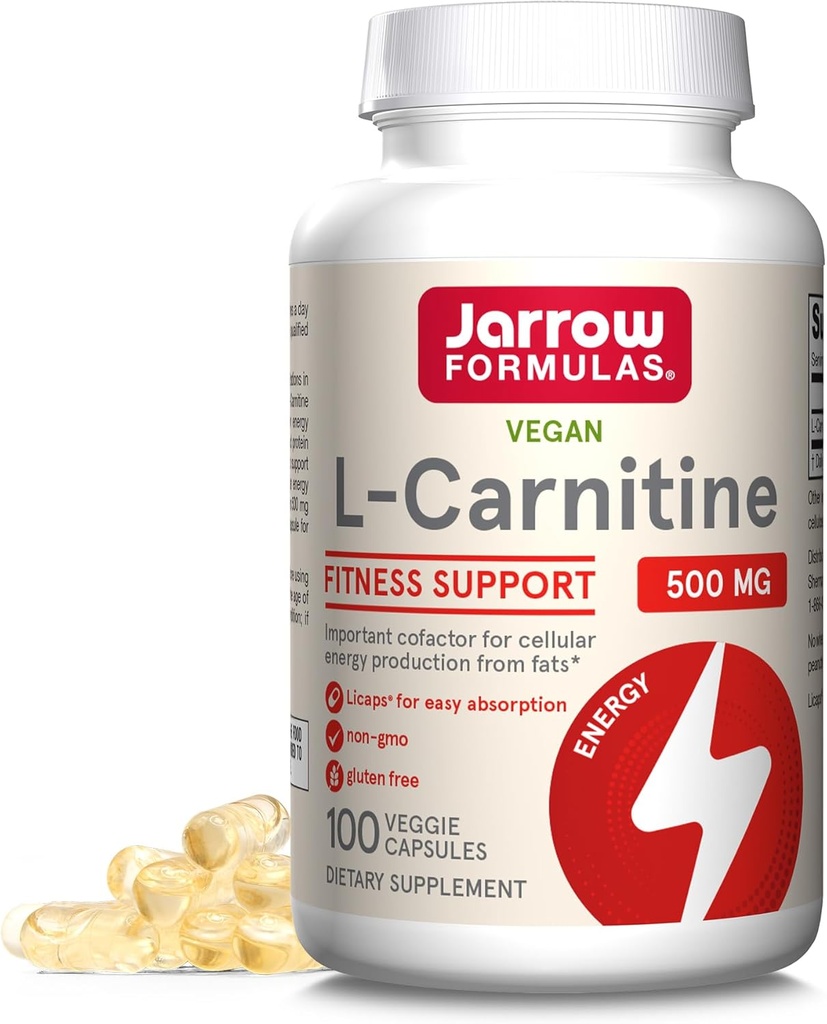 Jarrow Formules L-karnitín 500 mg - 100 Veggie Licaps - Dôležitý kofaktor pre výrobu energie (ATP) z tukov - Vegan - Až 100 Servivné služby