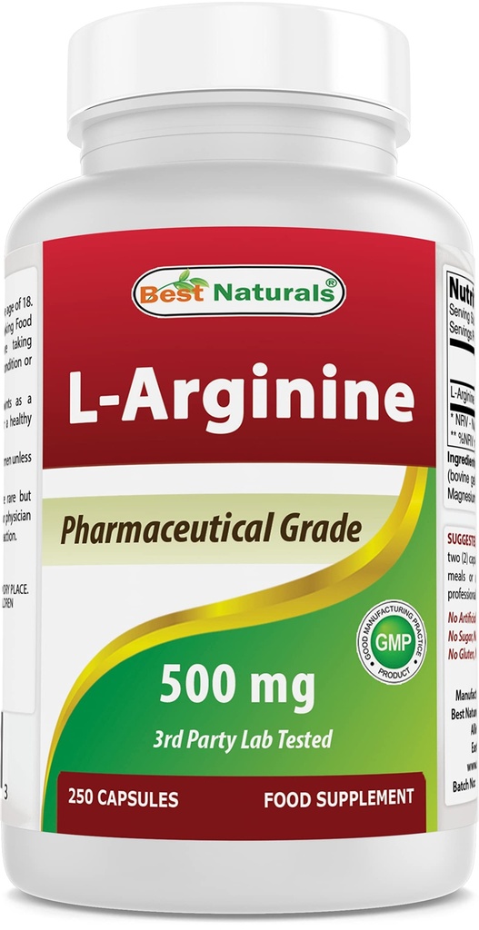 Najlepšie prírodné L-arginín 500 mg 250 Kapsule - Farmaceutický stupeň L Arginín doplnok podporuje syntézu oxidu dusnatého