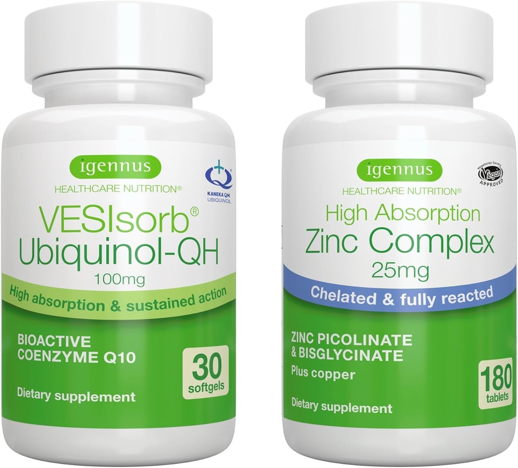 VESIsorb Ubichinol-QH + Zinkový komplex pre plodnosť, Fast-Acting Advanced CoQ10 100mg + 25mg oneskorený zinok od Igennus