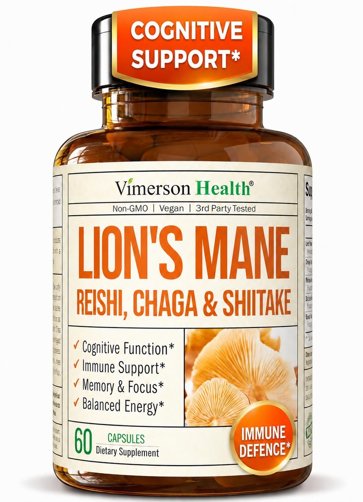 Lions Mane Supplement Kapsule - Huba Powder Blend s Lions Mane Powder, Turecko chvost, Shiitake Huby a viac. Focus & Energy Supplements for Mood & Immune Support. Non- GMO. 60 Vegánske kapsuly