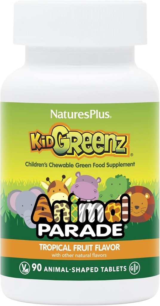 NaturesPlus Animal Parade KidGreanz, Tropical Fruit Flavor - 90 Animal-Shaped, Žuvacie tablety - Balenie 2 - s brokolica & Špenát - Vegetariánska, Gluten Free - 180 celkom služby